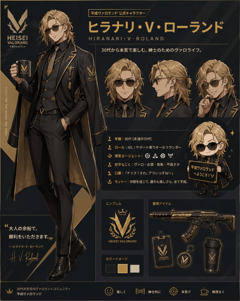 ヒラナリ・V・ローランド — キャラクター設定シート（全身・表情・ちびキャラ・エンブレム・愛用アイテム）